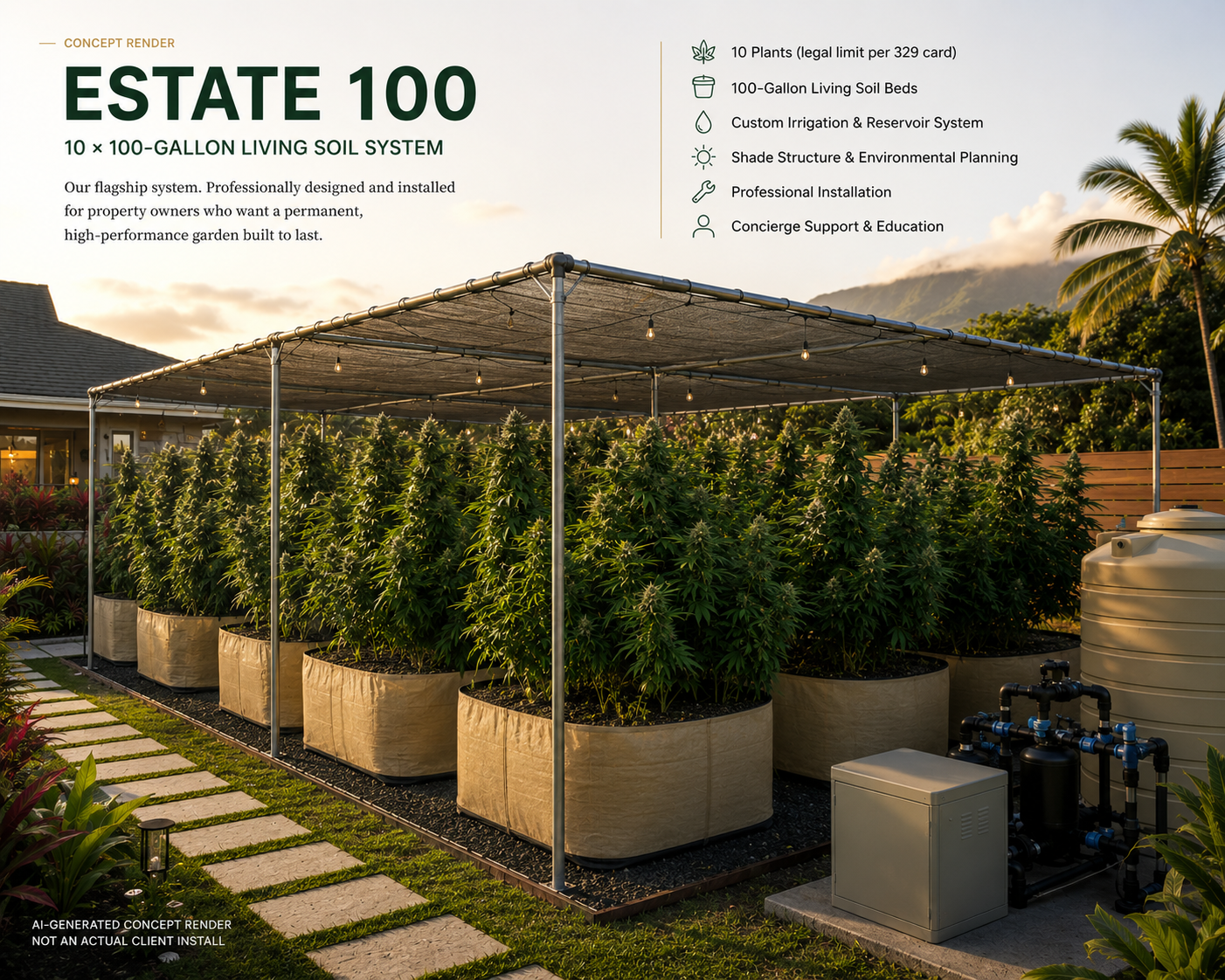 Estate 100 concept render — illustrative, not an actual client garden