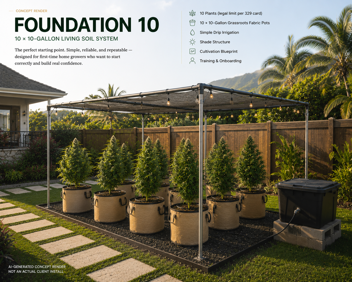 Foundation 10 concept render — illustrative, not an actual client garden